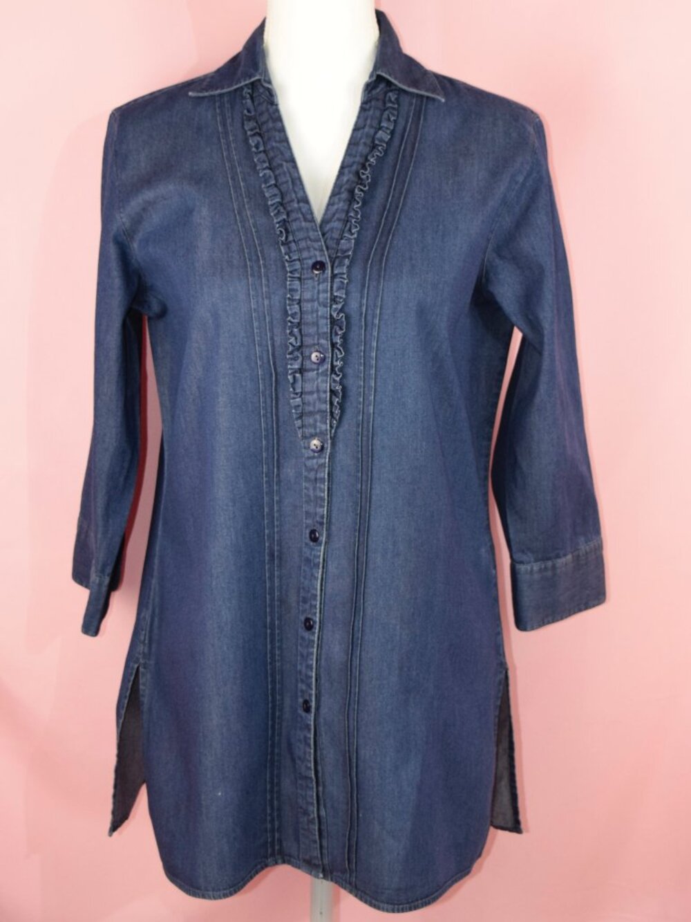 Foxcroft Denim Button-Up Tunic Blouse with Ruffle Trim | Size 6